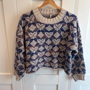 Free People Diamond Pattern Sweater - Blue and Cream